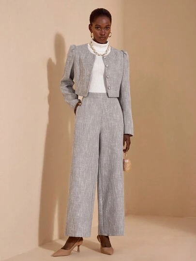 JIAN LASALA 灰色多色粗花呢高腰喇叭长裤女装秋冬优雅办公室套装，尽显女性优雅气质，奢华时尚服饰系列