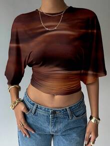 Aloruh Women's Solid Color Round Neck Batwing Sleeve Pleated Design Brown Tie-Dye Cropped Fashionable Top, Suitable For Autumn Outings, Versatile Base Layer T-Shirt, Brown Autumn T-Shirt, Coffee Brown Top ,Earthy Tops - Brown - View 6