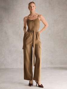 SHEIN Unity Women's Solid Color Utility Pocket Casual Jumpsuit - Coffee Brown - View 4