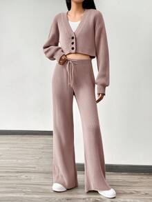 SHEIN Teen Girls 2pcs/Set V-Neck Button Front Top And Knitted Pants Casual Versatile Sweater Outfit Autumn Winter Clothes For Women