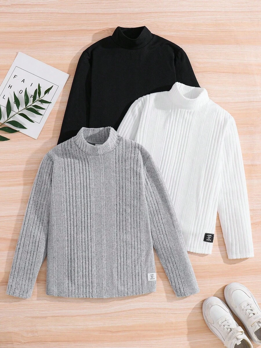 SHEIN 3 件套儿童/青少年男童舒适百搭拉绒高领长袖 T 恤套装,黑色、白色、灰色,适合上学、外出、秋季服装、秋冬 - 彩色 - 查看 1