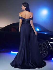 Glamrae 优雅奢华绿色亮片刺绣拼布缎面露肩深 V 领褶饰腰部透明女士正式晚礼服 - 藏蓝色 - 查看 3