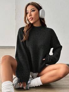 SHEIN PariChic 宽松休闲百搭高领长袖套头衫 - 黑色 - 查看 3