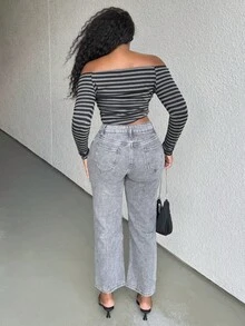 Alexandranx 女士 Grunge 日常穿着外出灰色和黑色条纹针织露肩长袖 T 恤 - 灰色 - 查看 2