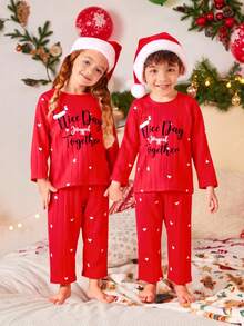 SHEIN 2pcs Girls' Christmas Red Plush Minimalist English Embroidery Long Sleeve Top And Pants Pajama Set Kids Christmas Pajama Set Fall Winter - Red - View 3