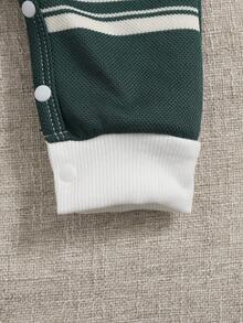 SHEIN Playful Pals 男婴休闲罗纹圆领条纹刺绣长袖连体衣，秋冬季