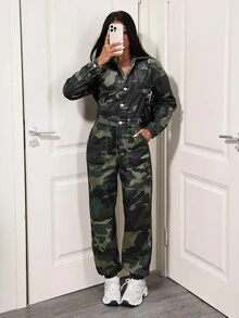 SHEIN Tall Women's Casual Versatile Drawstring Sexy Camouflage Denim Jumpsuit And Overalls - Multicolor - View 4
