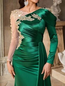 Aureia 优雅奢华刺绣蕾丝钻石珍珠贴花缎褶美人鱼长裙 V 领长袖礼服，适合婚礼、派对、度假、庆典、正式活动（重度装饰） - 綠色 - 查看 6