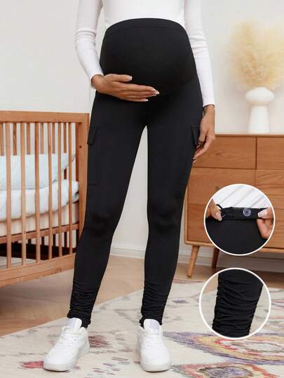 SHEIN 孕妇休闲日常通勤纯色可调节腰部紧身裤，百搭