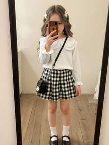 Elladie kids 新款时尚甜美蕾丝领白色长袖上衣，适合年轻女孩，百搭汗衫 - 白色 - 查看 4