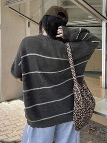 DAZY 女式条纹宽松圆领休闲毛衣 - 深灰色 - 查看 6
