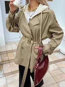 DAZY 女式撞色连帽都市休闲风衣夹克，宽松长袖外套 - 卡其色 - 查看 3