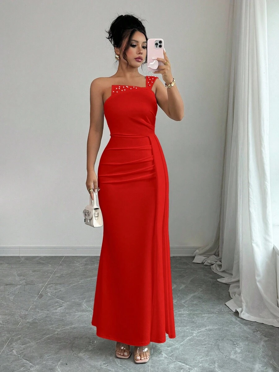 Rafferiza Women's Beaded Ruched Waist Bodycon Dress - Red - View 1