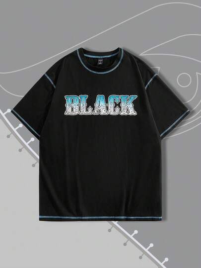 Black Jack X ROMWE Men's Casual Fashionable Street Cartoon Character & Letter Print Contrast Stitch Short Sleeve T-Shirt, Summer