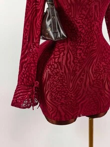 Amplova Váy ngắn nữ, họa tiết da báo, hở lưng gợi cảm, tay lưới mỏng, xẻ tà phía trước, thu/đông - Đỏ - Xem 5