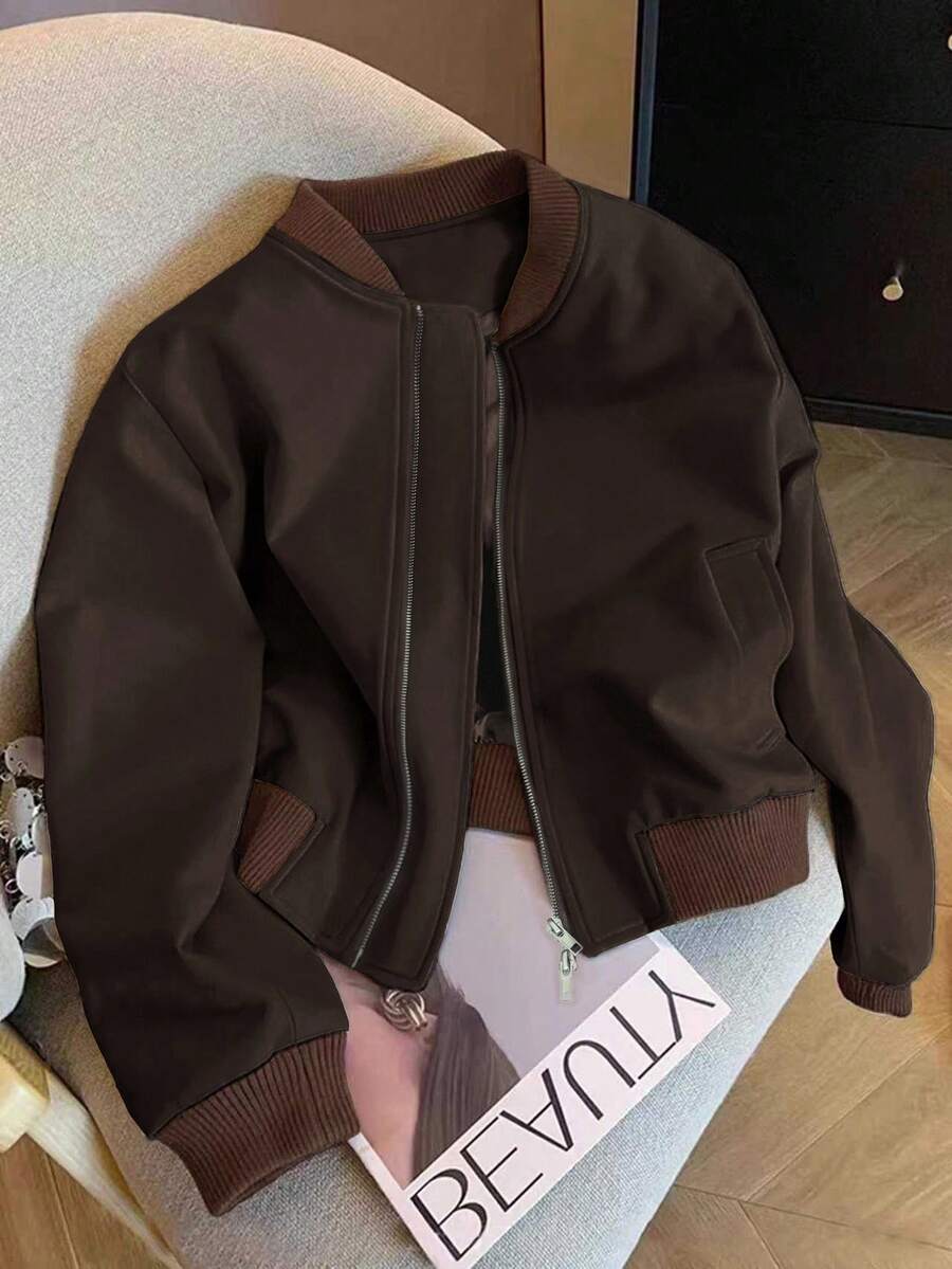 INAWLY Women's Casual Maillard Zip-Up Jacket - Brown - View 1