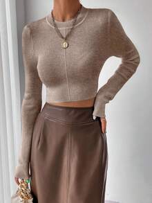 SoleilVie Áo len dệt kim bó sát màu trơn tối giản thoải mái khi đi làm, du lịch, nghỉ lễ - Màu Khaki - Xem 4