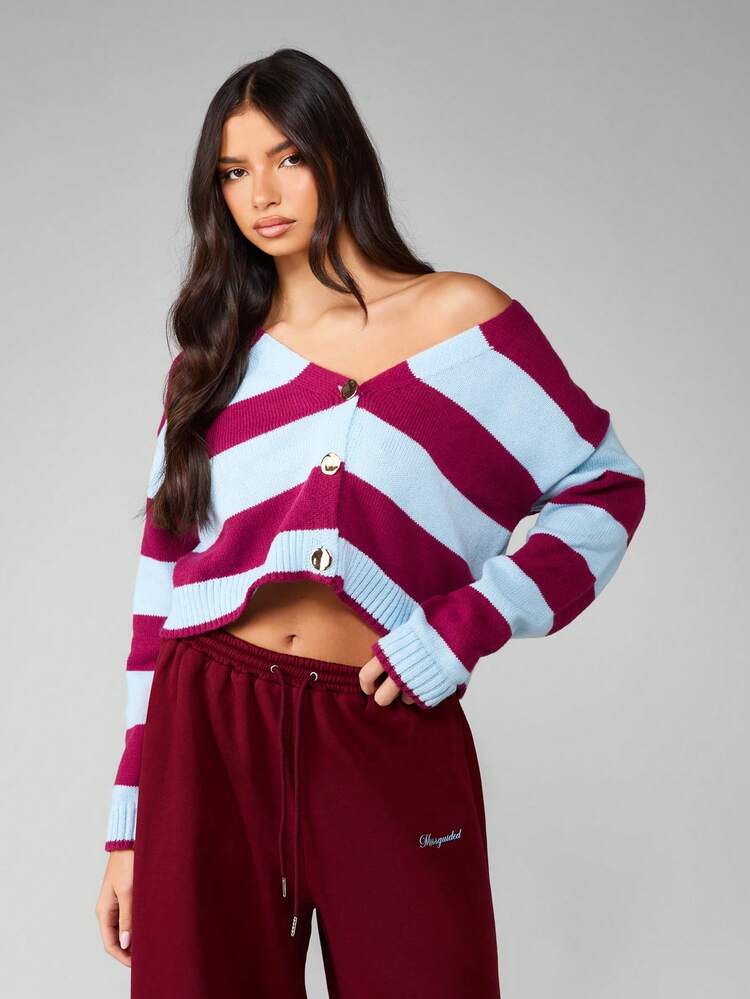 MISSGUIDED Cardigan court à rayures en tricot avec boutons, col en V, manches longues, ourlet côtelé. Mode d'hiver et d'automne, tricot douillet et décontracté