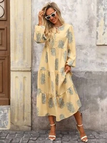 Brillora 女士V领泡泡袖飘逸休闲印花连衣裙，适合外出度假 - 黃色 - 查看 5