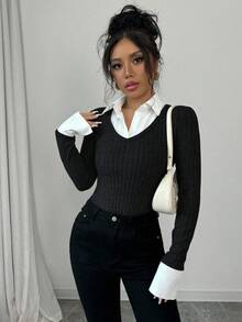 Selianne 学院风拼接 Polo 领二合一长袖 T 恤，女士修身套头衫，秋冬春季新品 - 黑色 - 查看 4