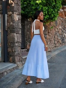 Yess Loren Falda larga con rayas verticales de bloques de color, de moda para el verano - Lavado ligero - Ver 6