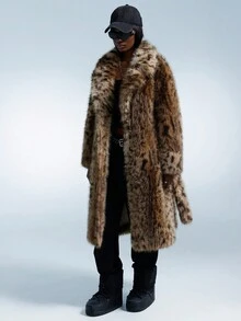 GENKIRA 长款仿皮草大衣女冬季2025新款高腰长毛豹纹狐狸毛冬季风衣 - 棕色 - 查看 5
