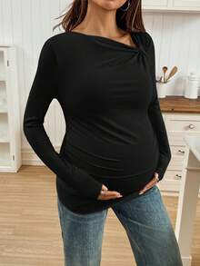 SHEIN 孕妇休闲纯色不对称领T恤，秋季 - 黑色 - 查看 4