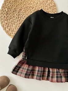 SHEIN 女婴可爱拼色长袖连衣裙，秋冬