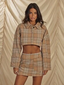Aralina Winter / Fall Super Cropped Boxy Fit Wool Plaid Jacket Checkered Button Up Balloon Sleeve Stockholm Style And Country Style Jacket - Multicolor - View 8