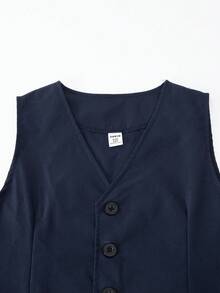 SHEIN 2 件套青少年男童春夏韩版修身正装西装，适合婚礼/派对/钢琴表演。宽松休闲不对称背心 + 直筒休闲裤，采用柔软亚麻面料制成，抗皱，时尚宽松廓形。 - 寶藍色 - 查看 3