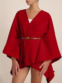 Airaco Women's Fashion Simple Solid Color Flared Sleeve Asymmetrical Hem Loose Jacket - Red - View 5