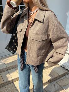 DAZY Chaqueta casual corta y suelta de mujer con cuello vuelto y tela texturizada - Caqui - Ver 3