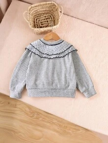 SHEIN 少女甜美可爱长袖波点网纱荷叶边领外套，配黑色丝绒蝴蝶结和金色镶边纽扣，舒适单件，适合春秋季开学季及全年穿着。 - 灰色 - 查看 2