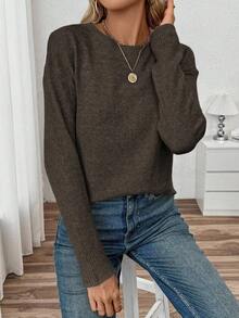 EMERY ROSE Autumn/Winter New Loose Fit Casual Crew Neck Pullover Sweater - Coffee Brown - View 5