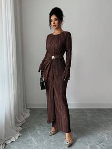 Elenzga Women's Elegant Round Neck Solid Color Waist Metal Buckle Decor Flare Sleeve Cinched Waist Midi Dress, Women's Autumn Dress - Coffee - View 6