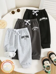 SHEIN 3 件套男婴/女婴黑色、白色、深灰色字母印花休闲运动慢跑裤套装，买 1 送 2