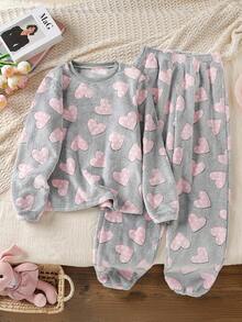 少女心形图案圆领长袖上衣和松紧腰裤睡衣套装 - 彩色 - 查看 3