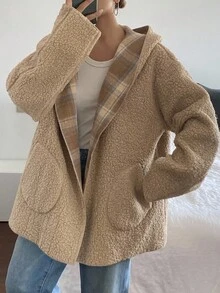 DAZY 女士宽松商务休闲通勤优雅双面仿羊羔绒夹克，格子撞色连帽卫衣，常规版型，秋冬女式外套 - 卡其色 - 查看 1