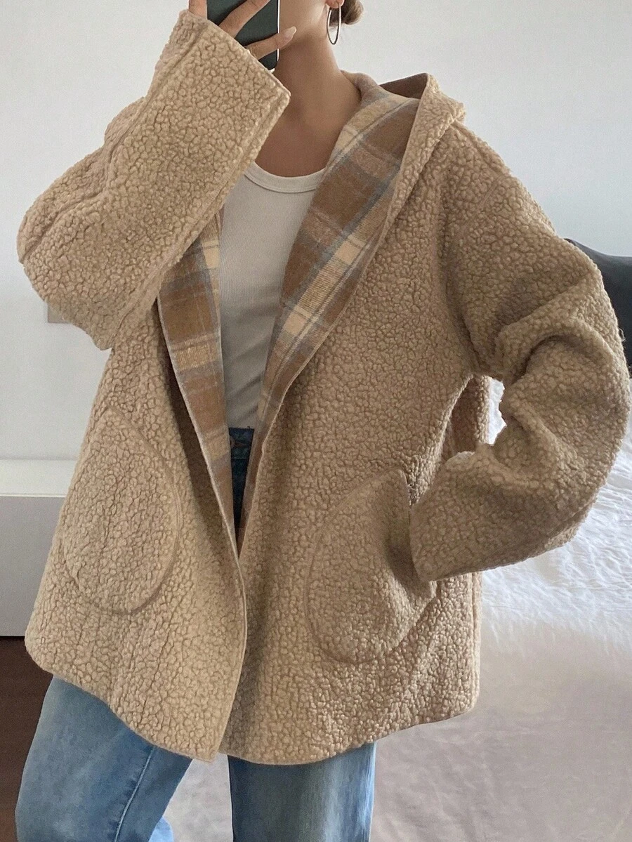 DAZY 女士宽松商务休闲通勤优雅双面仿羊羔绒夹克,格子撞色连帽卫衣,常规版型,秋冬女式外套 - 卡其色 - 查看 1