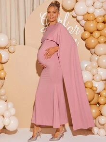 Loomaby 优雅派对纯色斗篷袖孕妇装 - 粉色 - 查看 6