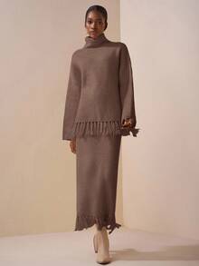 Zivah 2025新款秋季 秋冬休闲 简约 街头 日常 约会 生日 派对 旅行季 保暖 优雅 通勤 上班族 网红 高领 露肩 长袖 流苏下摆 宽松长款毛衣+紧身裙 长裙 直筒裙 半裙 流苏套装 白色毛衣套装 女士毛衣两件套-B - 摩卡棕 - 查看 3