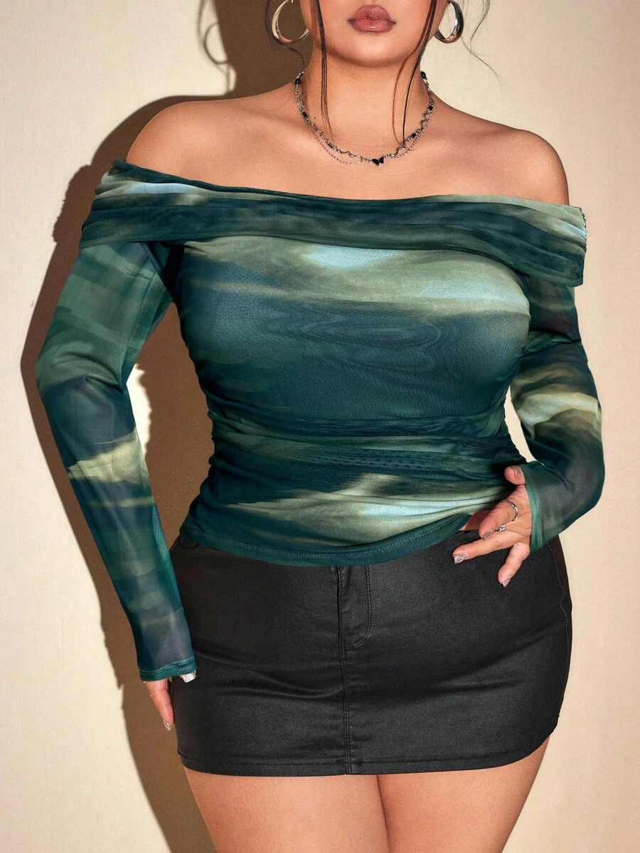 SHEIN ICON Blusa de punto con hombros descubiertos, fruncida y con estampado de teñido anudado para mujer de talla grande - Multicolor - Ver 1
