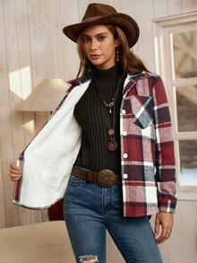 LanaWest 女式纽扣前格子印花长袖口袋休闲夹克，日常休闲女式衬衫 - 酒紅色 - 查看 5