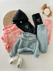 Set de 6 piezas Sudadera con capucha y pantalón de cintura elástica con patrón de corazón de unicolor lindo para bebé niña, otoño/invierno