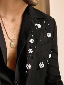 Manfinity BRENVOR Men's Elegant Gentleman Faux Pearl Detail Single-Breasted Blazer, For Fall Winter - Black - View 7