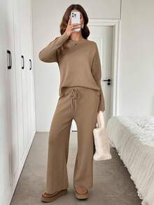 SHEIN LUNE 2 pièces Ensemble pull oversize à manches chauve-souris et pantalon large en tricot, tenue en tricot décontractée, élégante et vintage pour femmes en automne/hiver