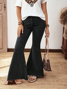 EMERY ROSE 女式休闲时尚街头毛边喇叭牛仔裤 - 黑色 - 查看 1