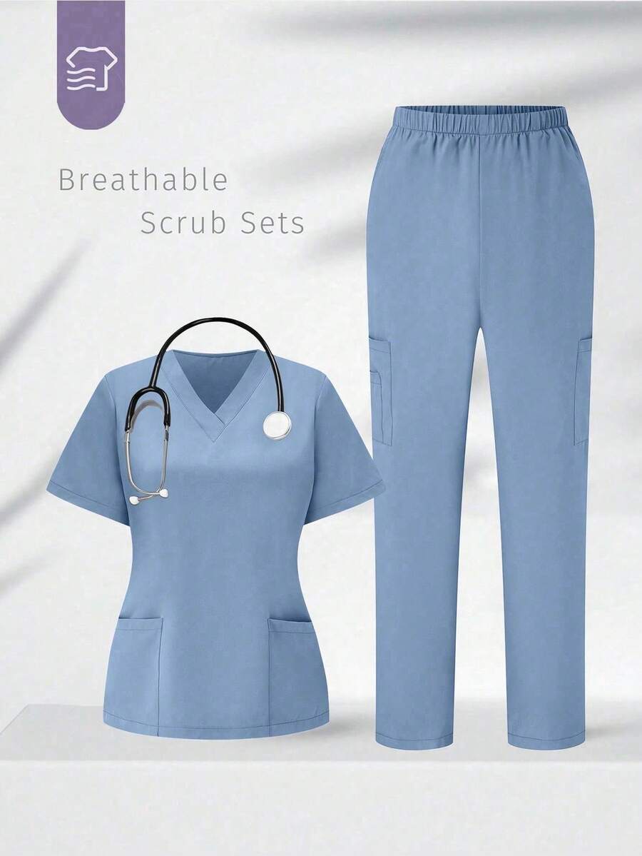 TaskEZ 1 Set Solid Color V-Neck Scrub Top With Pocket And Pants, Nurse Scrub Uniform - Baby Blue - View 1
