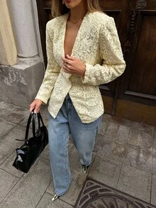 SHEIN BAE 女士时尚休闲纯色单排扣水溶蕾丝西装外套浅黄色西装外套时尚西装外套青春西装外套日常街头风蕾丝西装外套秋冬女装 - 淡黃色 - 查看 5