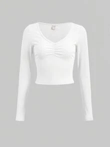 ROMWE V-Neck Casual Slim Fit Ribbed Long Sleeve T-Shirt - White - View 6